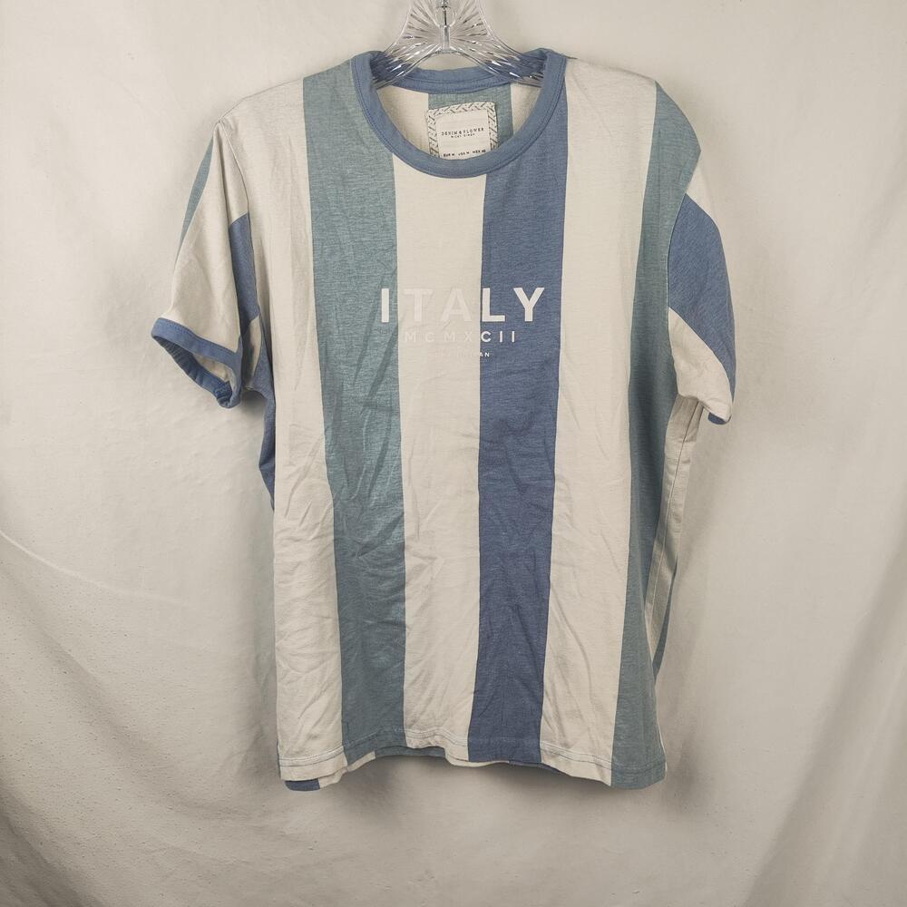 Denim & Flower Shirt Mens Medium Blue Italy Vertical Stripe Graphic Tee MCMXCII